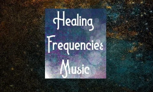 A book cover titled "Healing Frequencies Music" with a cosmic background of stars and nebulae.