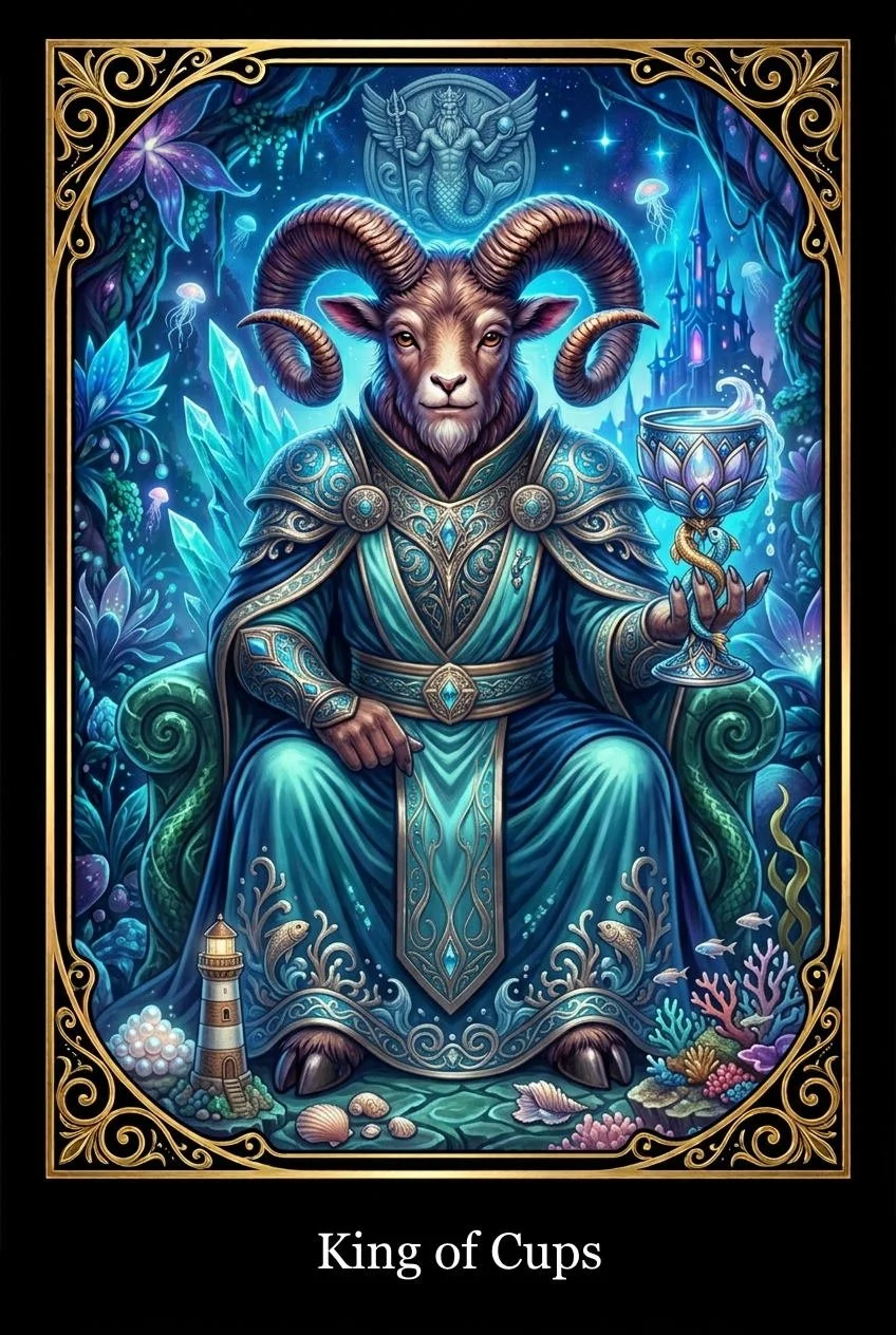 A fantasy-style illustration of a ram-headed humanoid figure, dressed in ornate blue robes with intricate gold detailing, seated on a throne. The figure holds a chalice with a serpentine handle. The background features glowing crystals, jellyfish, a castle, and mystical foliage, with a decorative gold border and a caption at the bottom that reads 'King of Cups'.