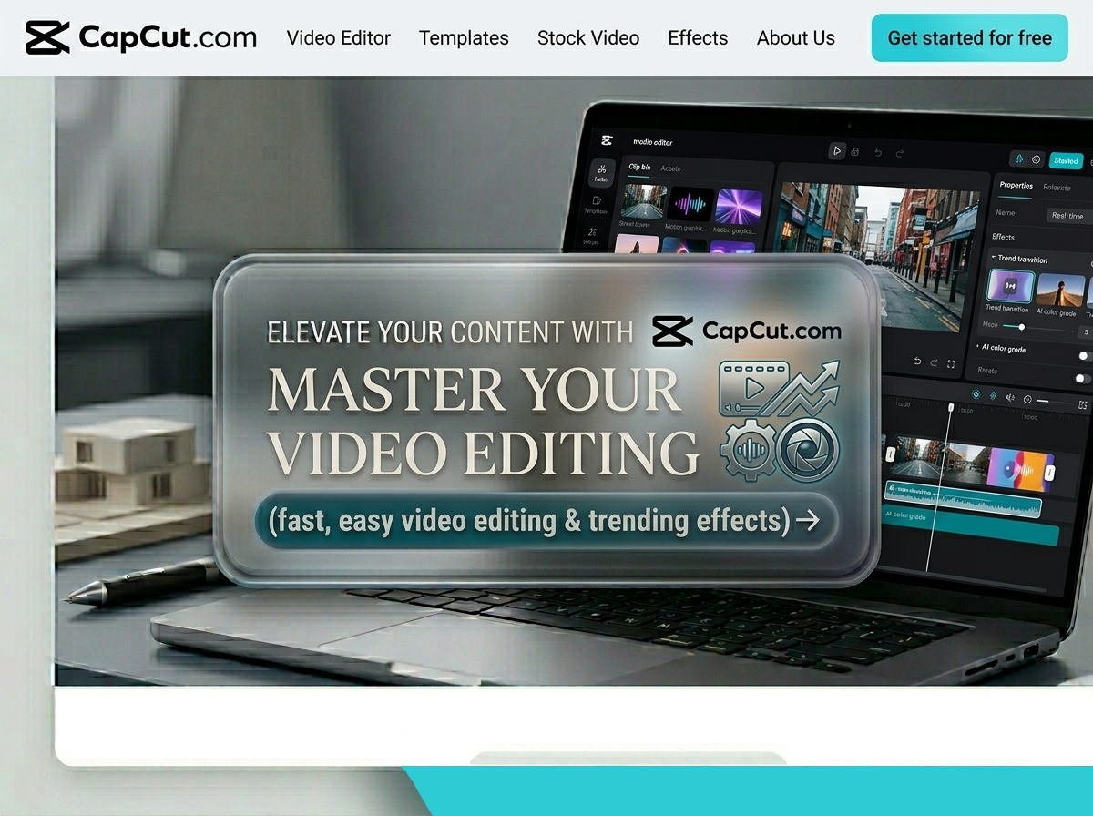 Computer screen displaying video editing software with promotional overlay for CapCut video editing platform.