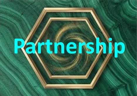 Green marble background with a gold hexagon outline and the word 'Partnership' in blue text across the center.