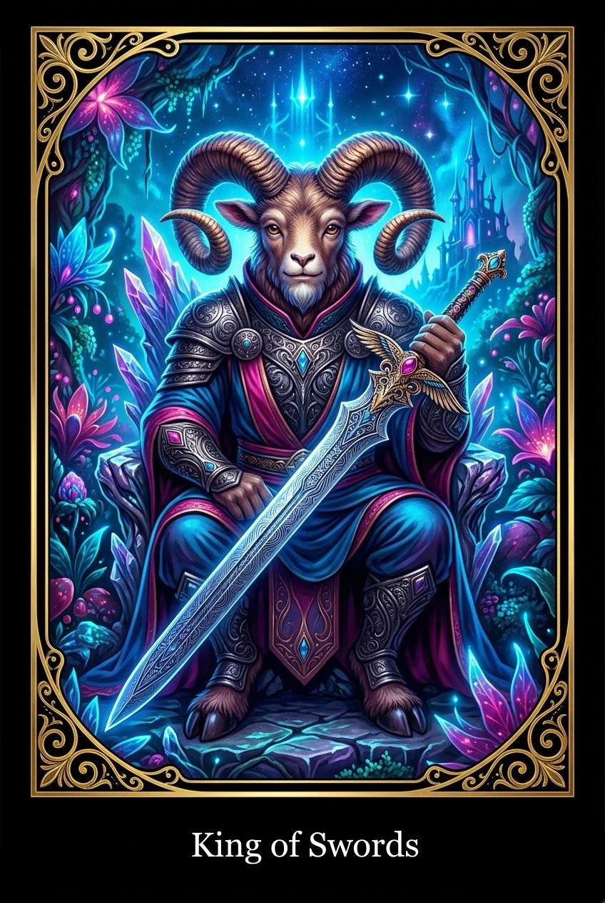 A fantastical illustration of a ram-like creature with large, curled horns, seated on a throne surrounded by glowing crystals and vibrant flowers in a mystical forest. The creature is dressed in ornate armor and robes, holding a detailed sword with a glowing blue blade and a decorative hilt. In the background, a glowing castle and starry night sky are visible, framed by gold decorative borders. The text reads "King of Swords."