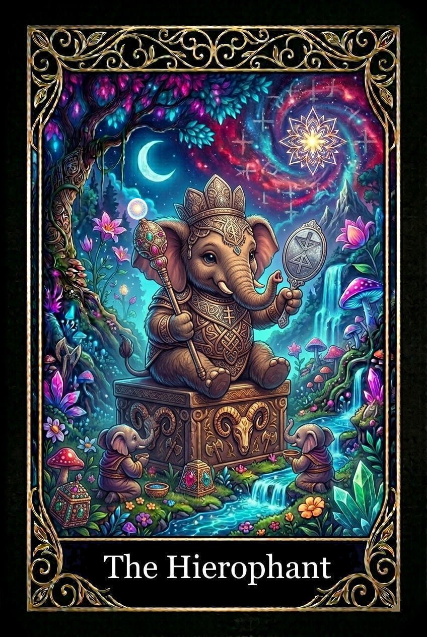 Illustration of an anthropomorphized elephant in regal attire, seated on a decorative pedestal in a fantastical forest. The elephant holds a scepter and a mirror. The background features a crescent moon, a swirling galaxy with stars, pink flowers, mushrooms, a waterfall, and two smaller elephant figures. The scene is encased in an ornate gold border and titled "The Hierophant."