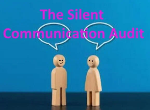 Two wooden figurines, one male and one female, with speech bubbles above their heads and the text "The Silent Communication Audit" in pink over a blue background.