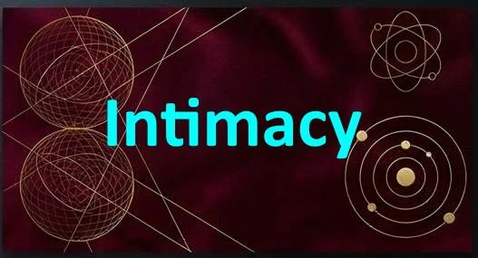 The image features the word 'Intimacy' in large, bright blue text over a dark red background with scientific or atomic diagrams in white lines.