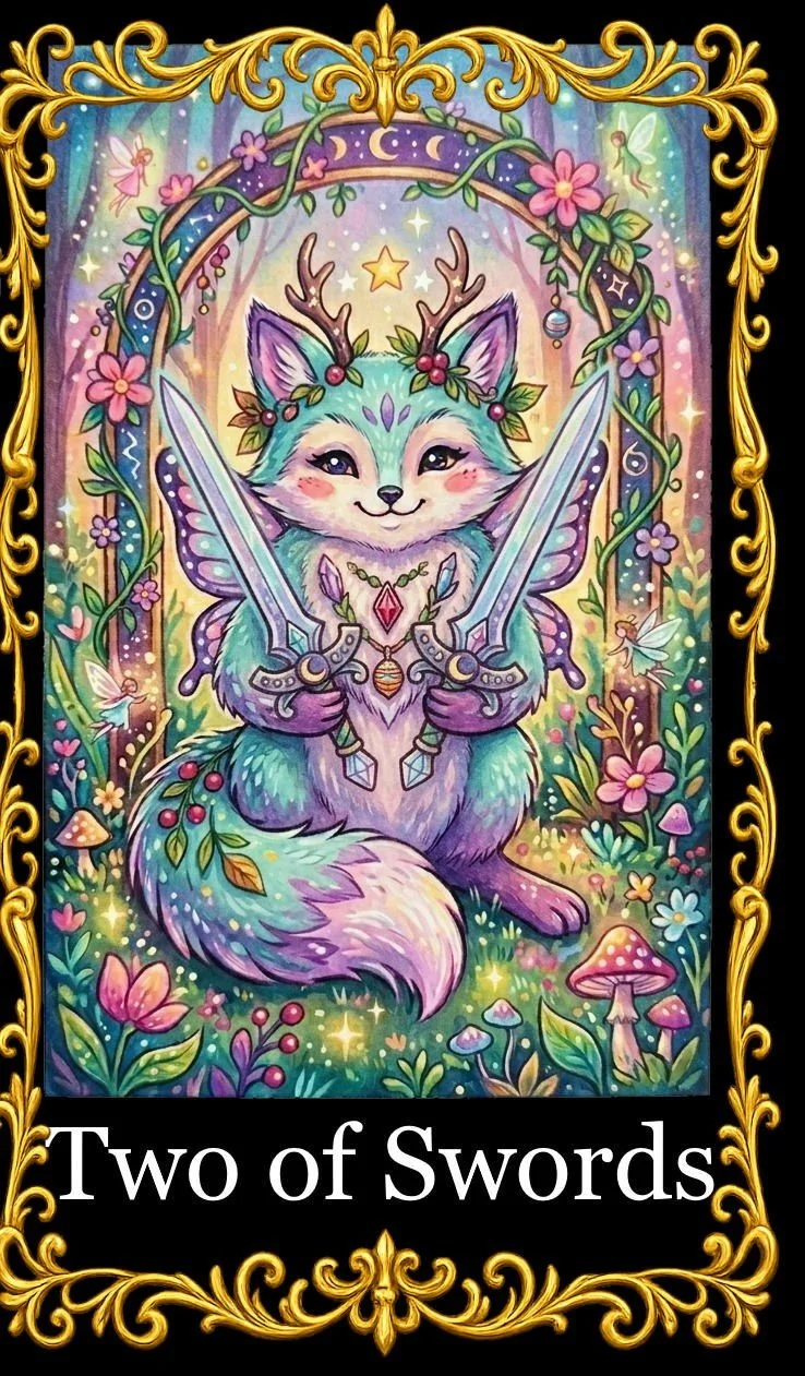 Colorful fantasy illustration of a fox with butterfly wings, holding two swords, surrounded by flowers, mushrooms, and fairy lights, with a golden ornate border and a black banner at the bottom that reads "Two of Swords."