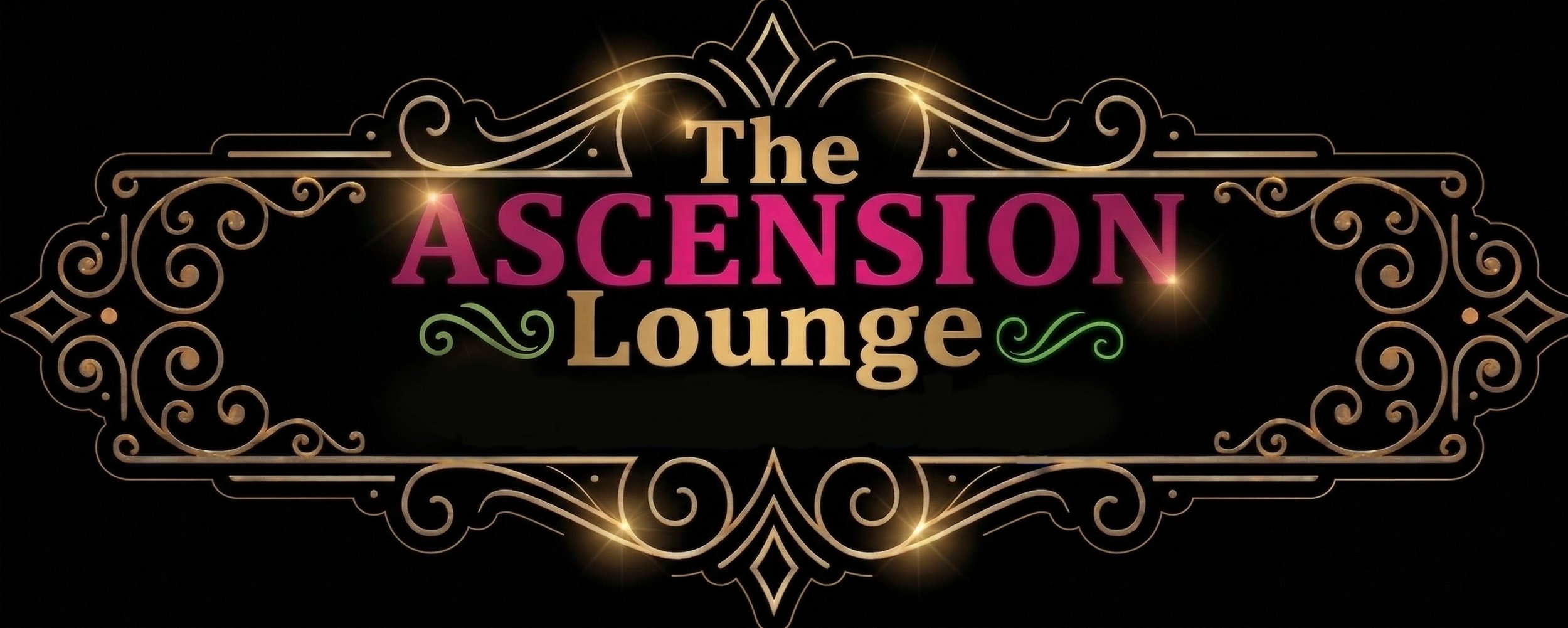 Decorative sign with gold, pink, and green ornate design and text reading 'The Ascension Lounge' on a black background.