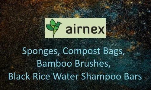 Image featuring the Airnex logo and a list of eco-friendly products including sponges, compost bags, bamboo brushes, and black rice water shampoo bars.