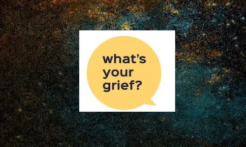 A white square with a yellow speech bubble inside it, containing the text 'what's your grief?' in black lowercase letters. The background is a dark, starry sky.