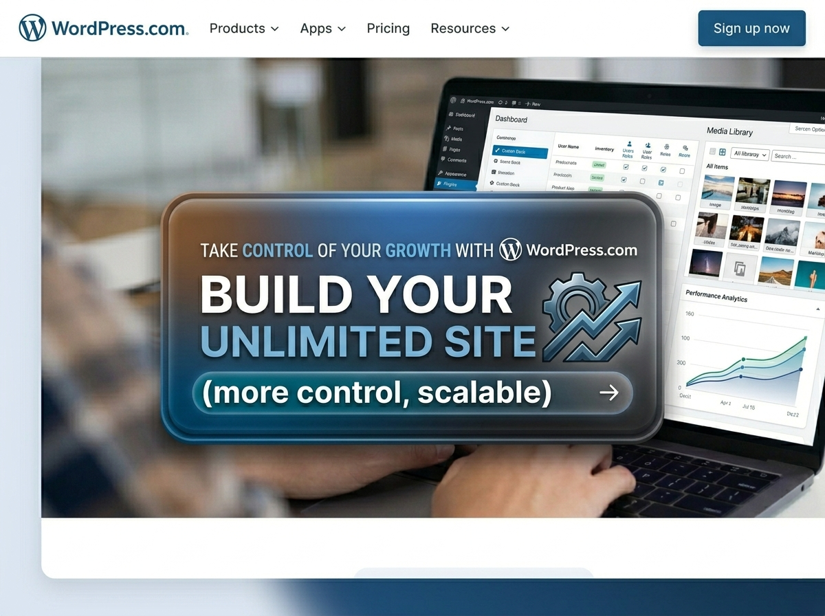 Promotional webpage for WordPress.com showing a laptop with a dashboard and media library on the screen. A message overlays the image saying, "Take control of your growth with WordPress.com. Build your unlimited site (more control, scalable)."