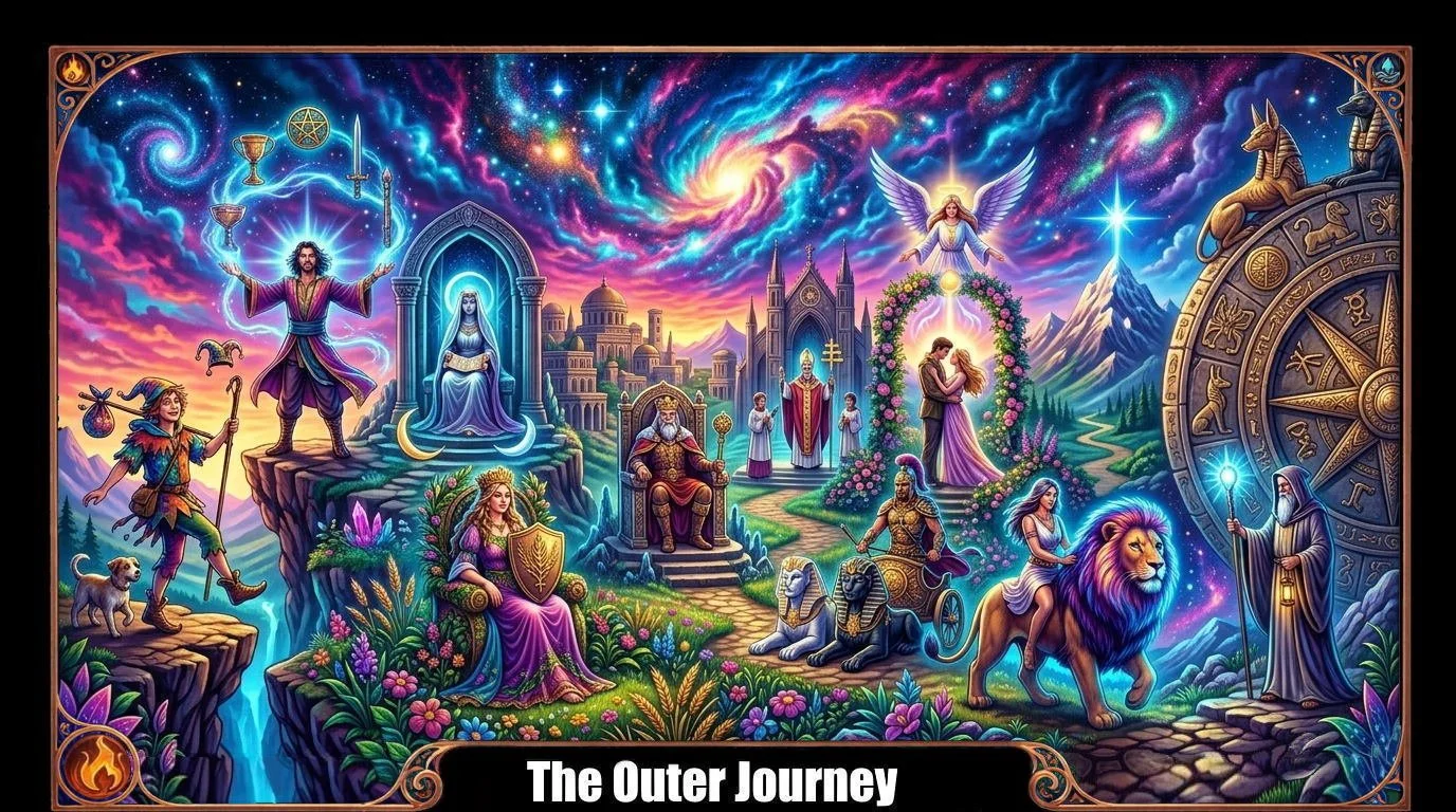 Mythical fantasy scene titled 'The Outer Journey' depicting a colorful, celestial landscape with mythological and fantasy characters, castles, dragons, and a swirling galaxy in the sky.