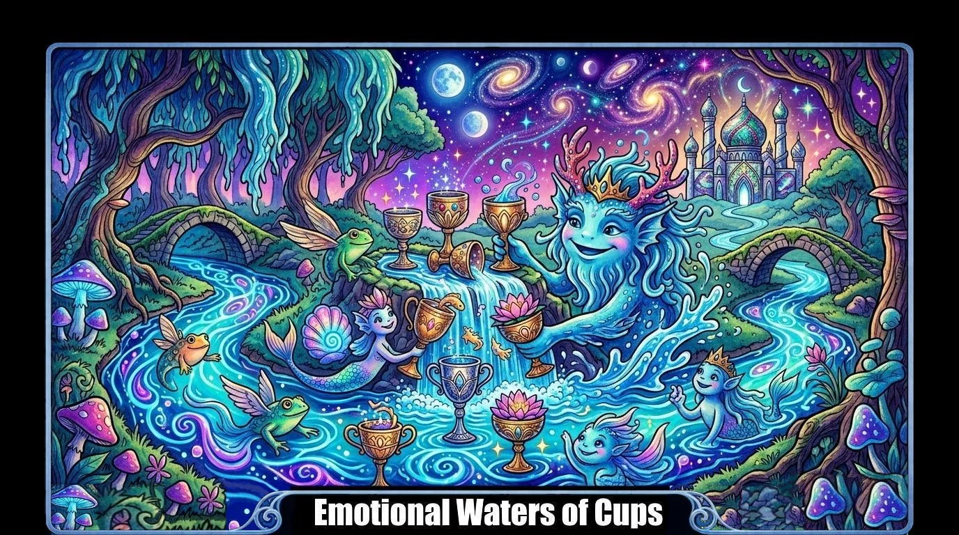 A vibrant, fantasy scene with a large blue mossy creature with antlers and a face, surrounded by small mermaid-like creatures in a mystical forest with glowing water, mushrooms, and a castle in the background. Cup-shaped objects and cups are floating in the water, suggesting a playful, magical gathering.