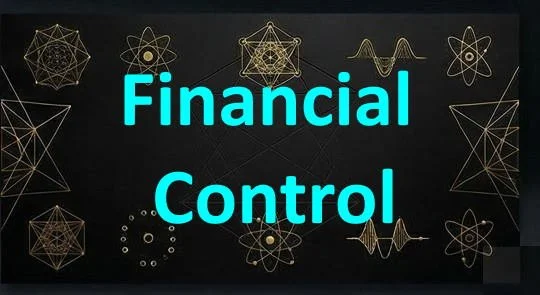 Digital graphic with the words "Financial Control" in blue text over a black background, decorated with various geometric and atomic-style line art designs.