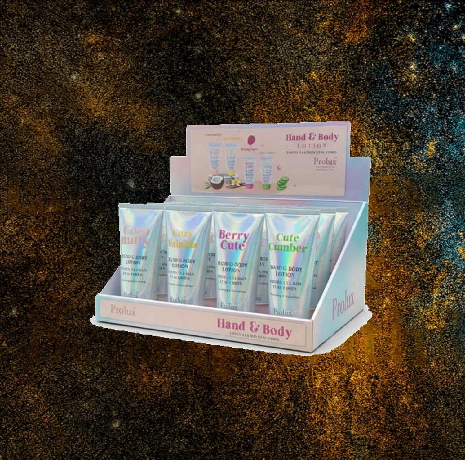 Four Prolux scented hand and body lotions displayed together, showing Cute Cumber, Coco Nutty, Cozy Vanilla, and Berry Cute scents