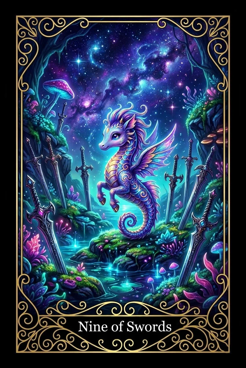 A fantasy tarot card titled 'Nine of Swords' featuring a colorful winged seahorse with a starry galaxy background, surrounded by nine swords planted in the ground among glowing plants and mushrooms.