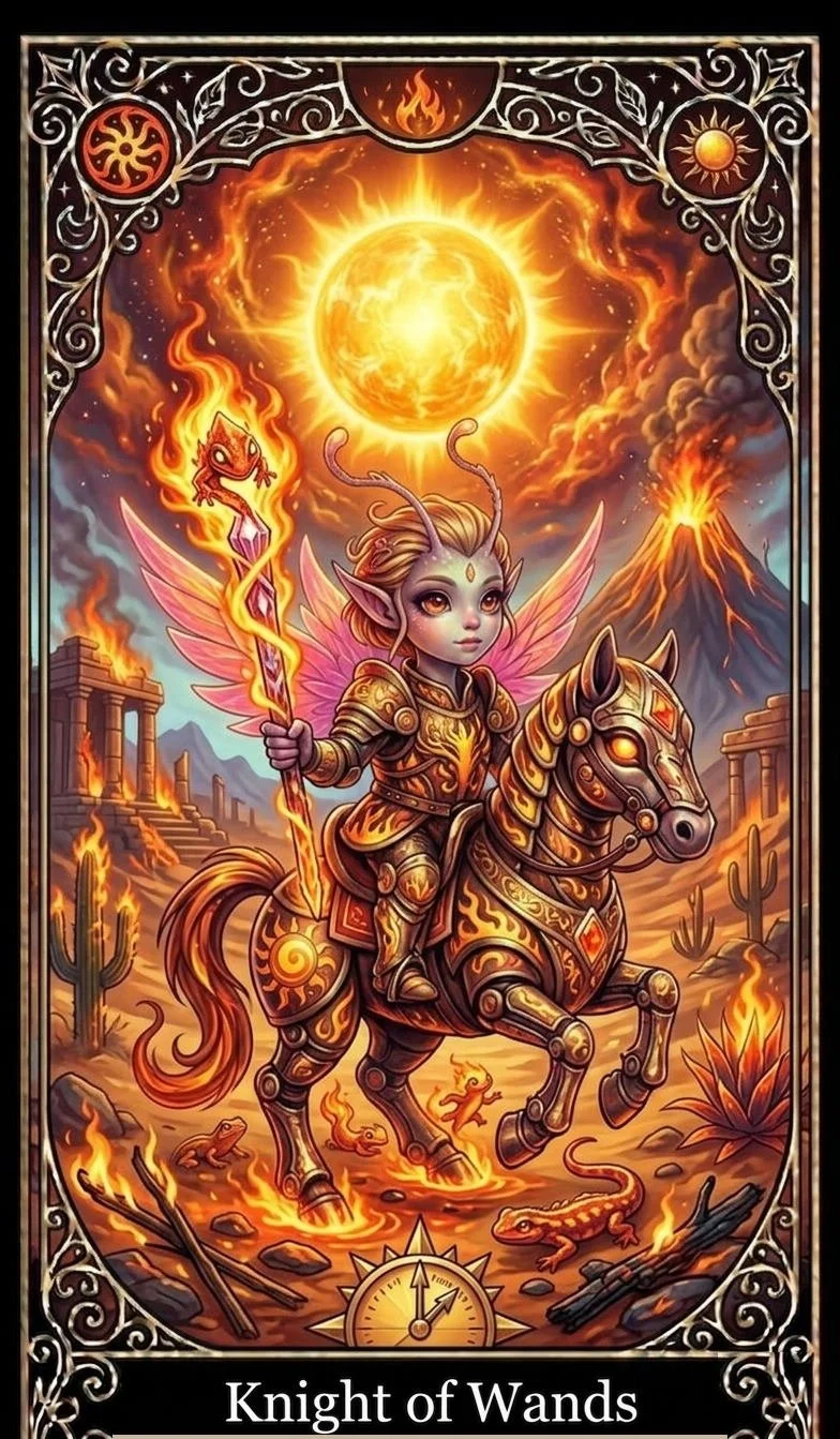 A fantasy illustration of a fairy-like warrior riding a armored horse through a volcanic landscape under a fiery sky with a large sun and erupting volcanoes. The warrior holds a staff with a flame and a small fiery creature. The scene features cacti, ruins, and a compass at the bottom. The card is labeled "Knight of Wands."