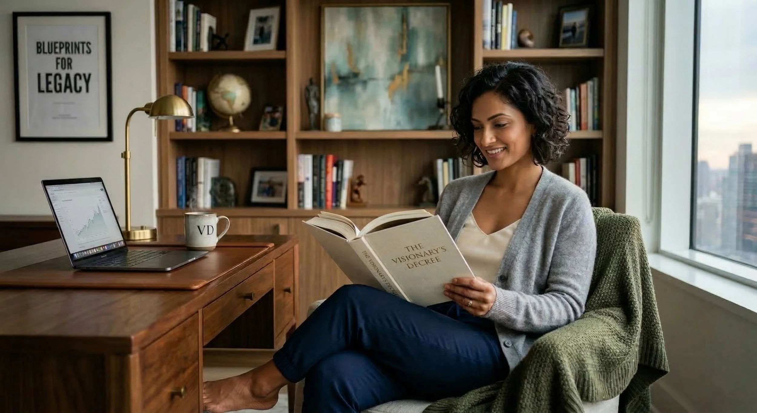 A woman with curly black hair reading a book titled "The Visionary's Decree" in a home office. She is sitting on a green chair by a window, with a wooden desk holding a laptop, a mug, and a brass desk lamp. The background features wooden bookshelves with books and decorative items, and a framed poster on the wall reads "Blueprints for Legacy."