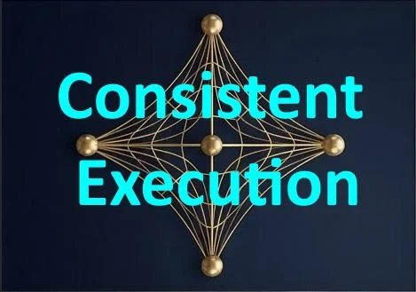 Text overlay reading 'Consistent Execution' with a geometric gold and blue 3D network structure in the background.
