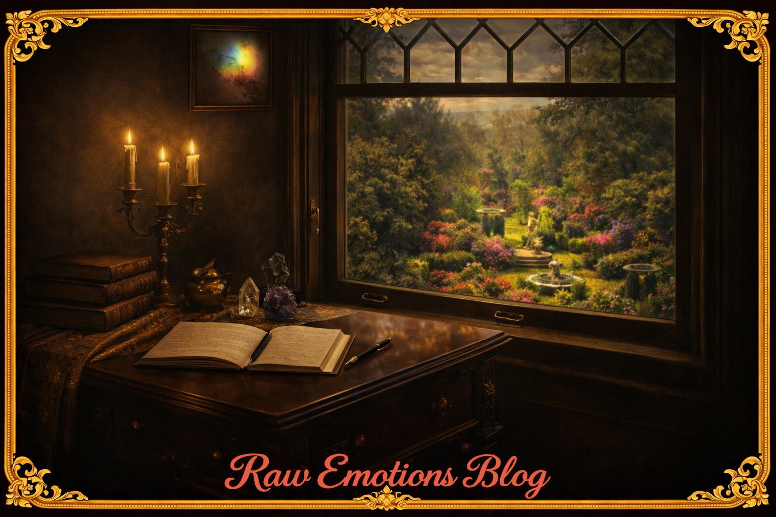 journal open on desk looking out on a lush garden