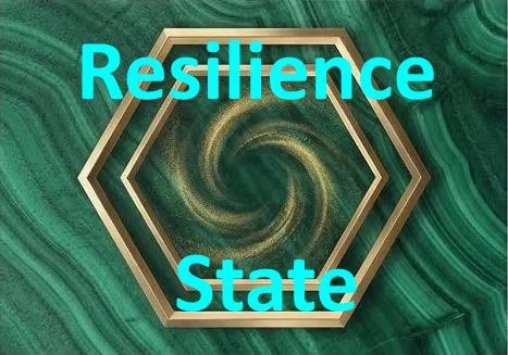 A swirling green and gold background with a gold hexagon logo and the words 'Resilience State' in bright blue text.