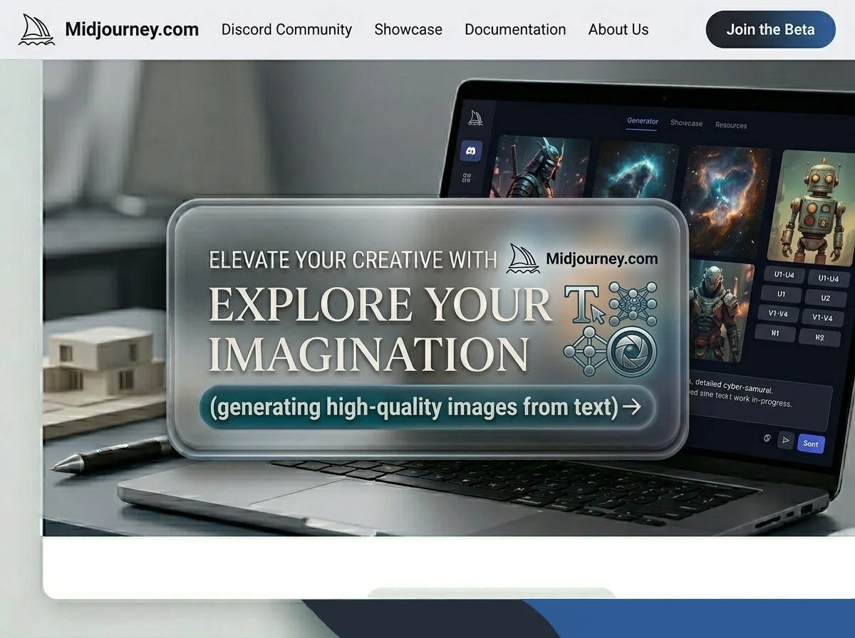 Screenshot of Midjourney.com website with a promotional message promoting the use of AI to generate high-quality images from text, showing a laptop monitor with digital art and icons related to creative tools.