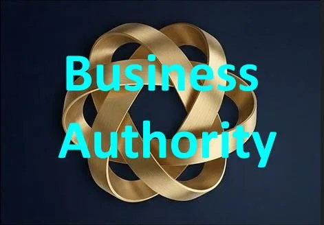 Gold abstract geometric sculpture with blue text reading 'Business Authority' on a dark background.