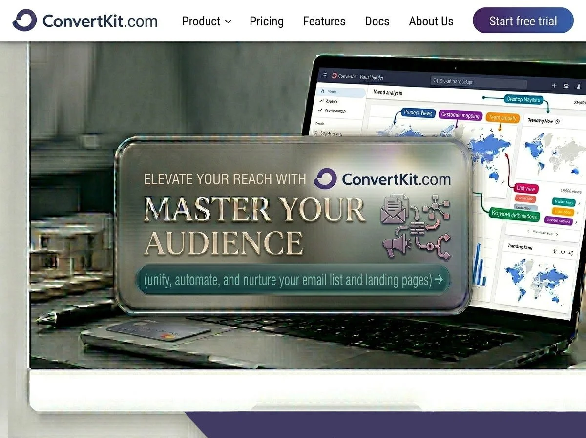 Screenshot of ConvertKit website featuring promotional content that encourages mastering audience engagement through email list and landing pages, with visual elements such as a laptop displaying graphs and maps, and a tablet with marketing icons.