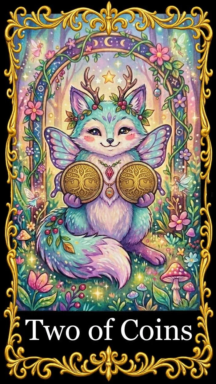 A pastel-colored mythical creature with butterfly wings, antlers, and a crown of flowers, holding two golden coins with tree designs, sitting in a enchanted forest scene with flowers, mushrooms, and fairy lights.