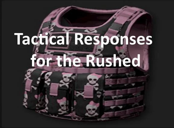 Tactical vest with pink and black camouflage pattern and skull design, overlaid with white text reading "Tactical Responses for the Rushed."