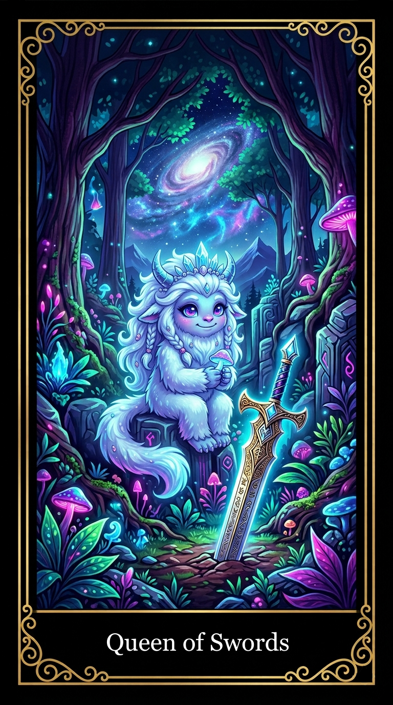 A fantasy-style illustration of a mythical creature resembling a small, furry, white dragon or griffin with lavender eyes, sitting in a magical forest. The creature is holding a pink mushroom and wearing a crystal crown. There are colorful glowing mushrooms and plants around it. A large ornate sword is embedded in the ground nearby. The background features a starry night sky with a swirling galaxy and mountain silhouettes, all framed with a gold decorative border. The caption at the bottom reads 'Queen of Swords'.