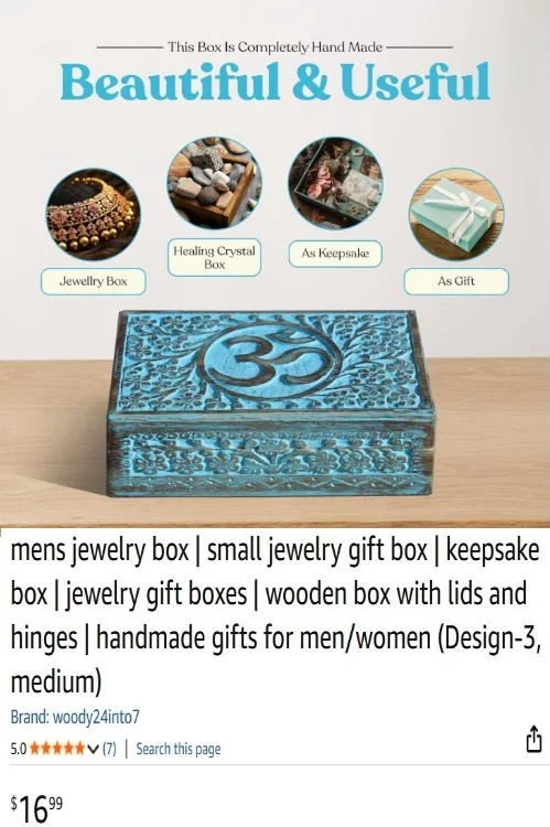 A handcrafted blue wooden jewelry box with intricate carvings and a central Om symbol on the lid, advertised as beautiful and useful for storing jewelry, keepsakes, healing crystals, or as a gift.