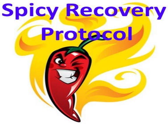 A cartoon red chili pepper with a winking face and a smile, set against a yellow and orange flame background, with purple and yellow text that says 'Spicy Recovery Protocol'.