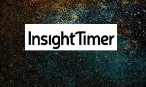 The image shows the text 'InsightTimer' on a white background, set against a dark, textured, multicolored backdrop.