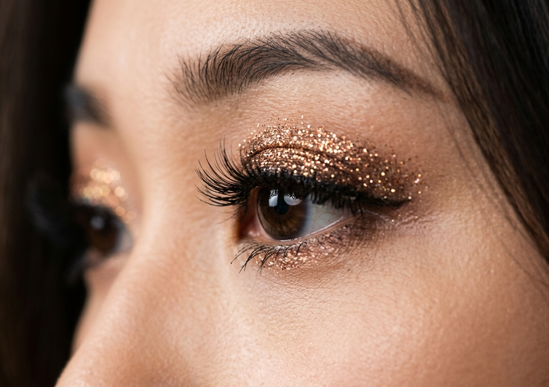 Close-up of a woman's eye with gold glitter eyeshadow and long, curled eyelashes.