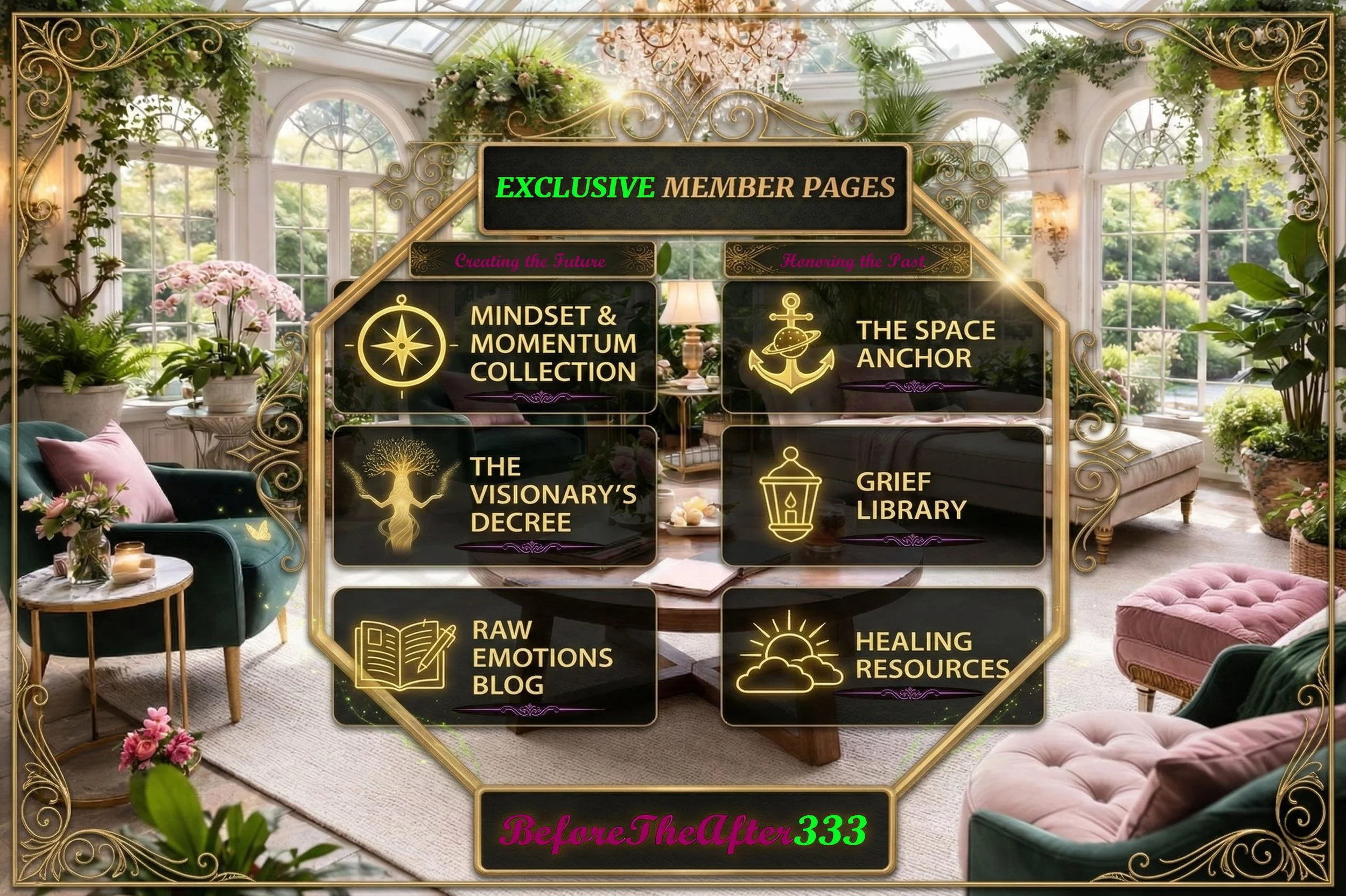 A colorful digital graphic overlay titled 'Exclusive Member Pages' with options for creating the future and honoring the past, placed over a bright living room with large windows, green plants, and cozy furniture.