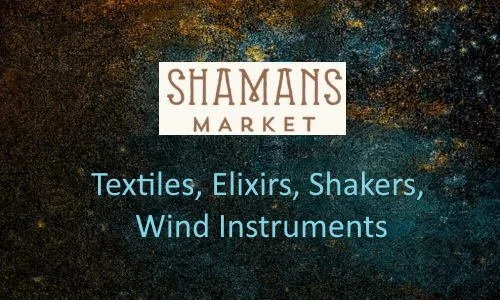 Shamans Market logo with the text 'Textiles, Elixirs, Shakers, Wind Instruments' on a dark, textured background.