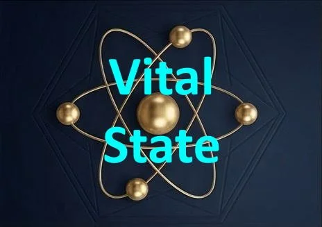 Decorative metallic atom model with the words 'Vital State' in blue text overlay.