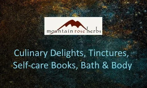 Image of a promotional slide for Mountain Rose Herbs, featuring the company logo and the text 'Culinary Delights, Tinctures, Self-care Books, Bath & Body' on a starry night background.