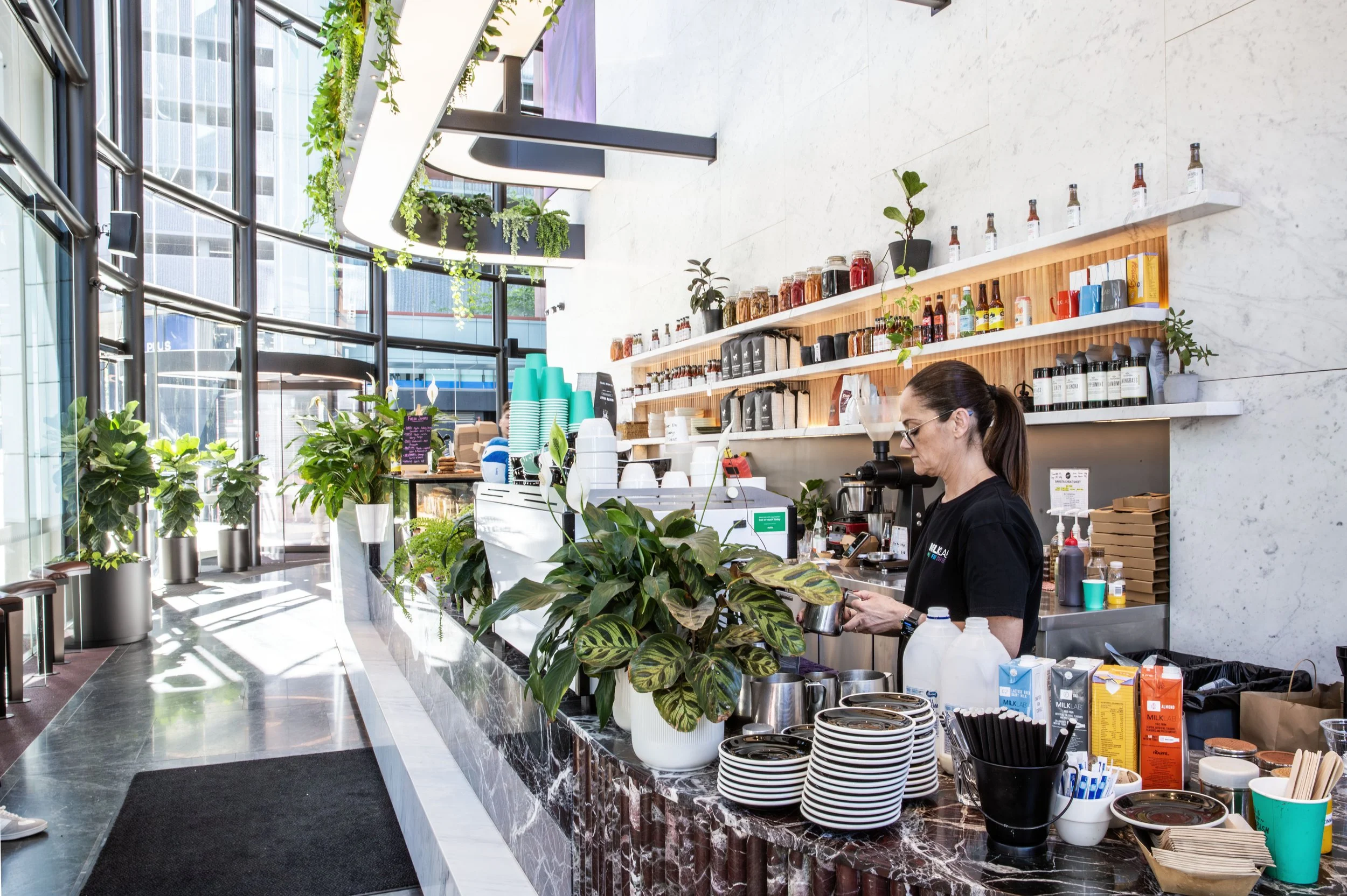 Barista working at a coffee shop counter filled with plants, cups, and supplies, with shelves of bottles and products behind. Large windows and modern decor create a bright and airy atmosphere.