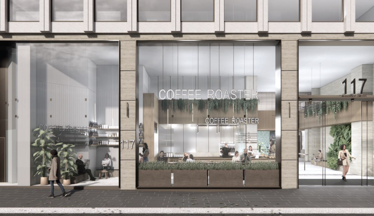 Modern coffee shop with large glass front, seating area inside with customers, and green plants. The sign reads 'Coffee Roaster' and the building number is 117.