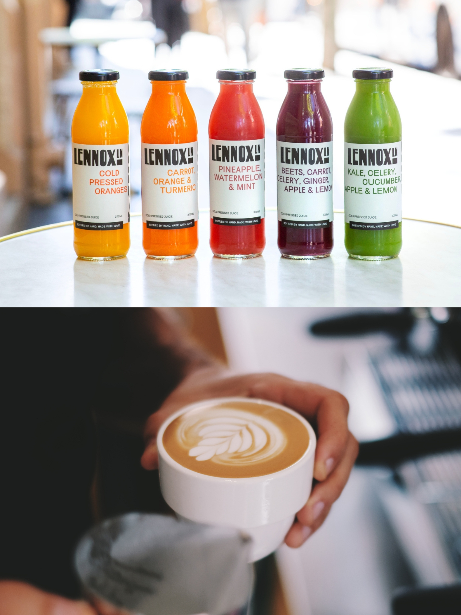 Colorful bottled juices labeled with flavors such as oranges, carrots, pineapple, watermelon, beet, celery, cucumber, apple, lemon, turmeric, ginger, and mint, arranged on a white surface. In the second image, a person holding a white ceramic cup with latte art, likely a coffee drink.