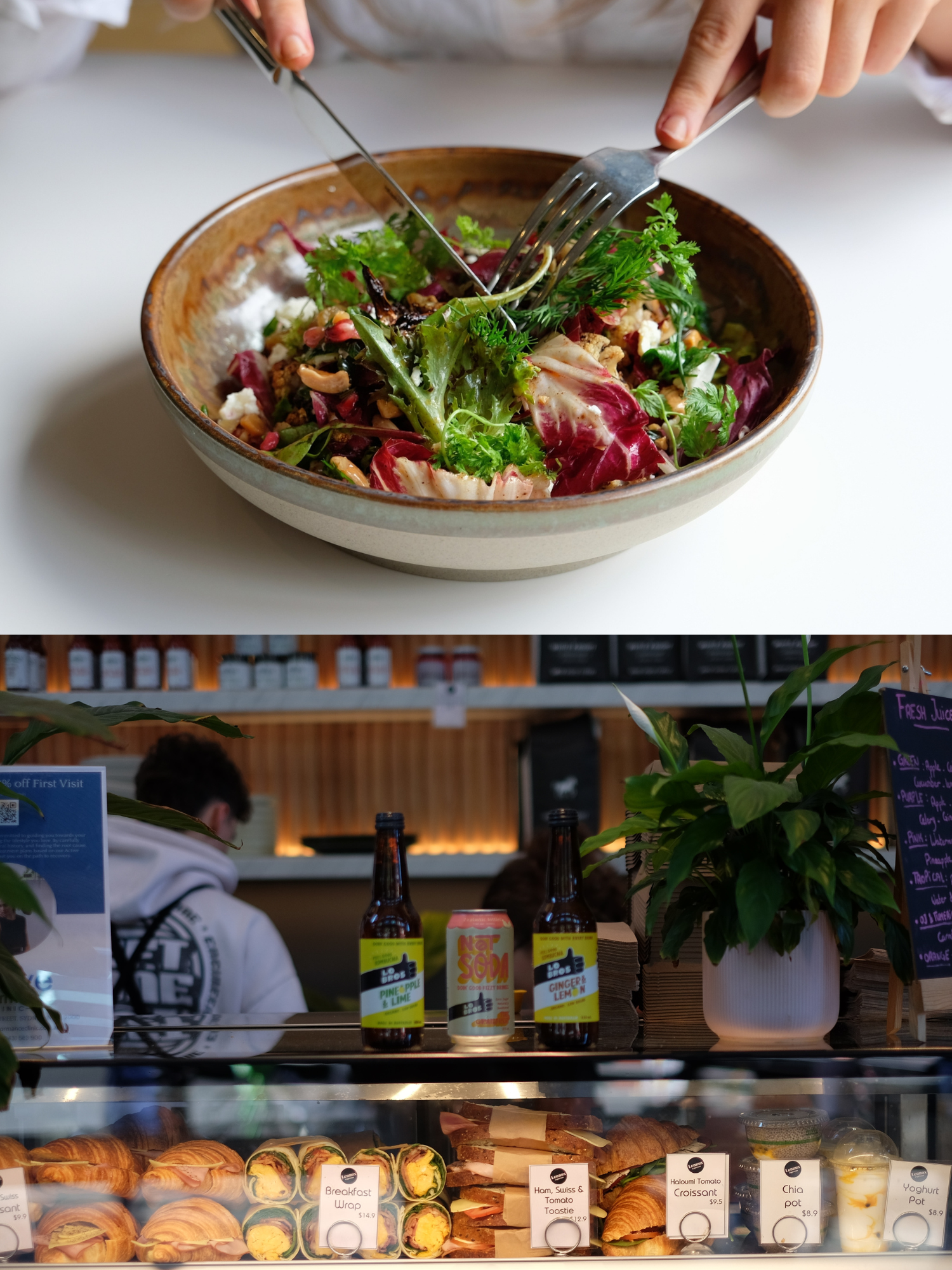 A person eating a fresh salad with greens, vegetables, and cheese in a ceramic bowl, and a display case with pastries, sandwiches, and bottled beverages in a cafe or bakery.