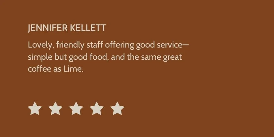 Customer review for Jennifer Kellett praising friendly staff, good service, good food, and great coffee, with a five-star rating.