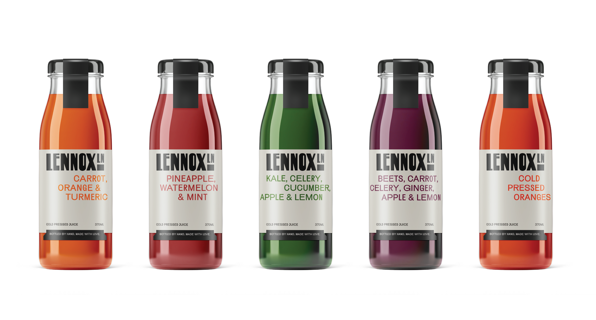 Five bottles of cold pressed juice with different flavors and colors, labeled from left to right: carrot, orange & turmeric, pineapple, watermelon & mint, kale, celery, cucumber, apple & lemon, beets, carrot, celery, ginger, apple & lemon, and cold pressed oranges, placed on a white surface against a dark background.