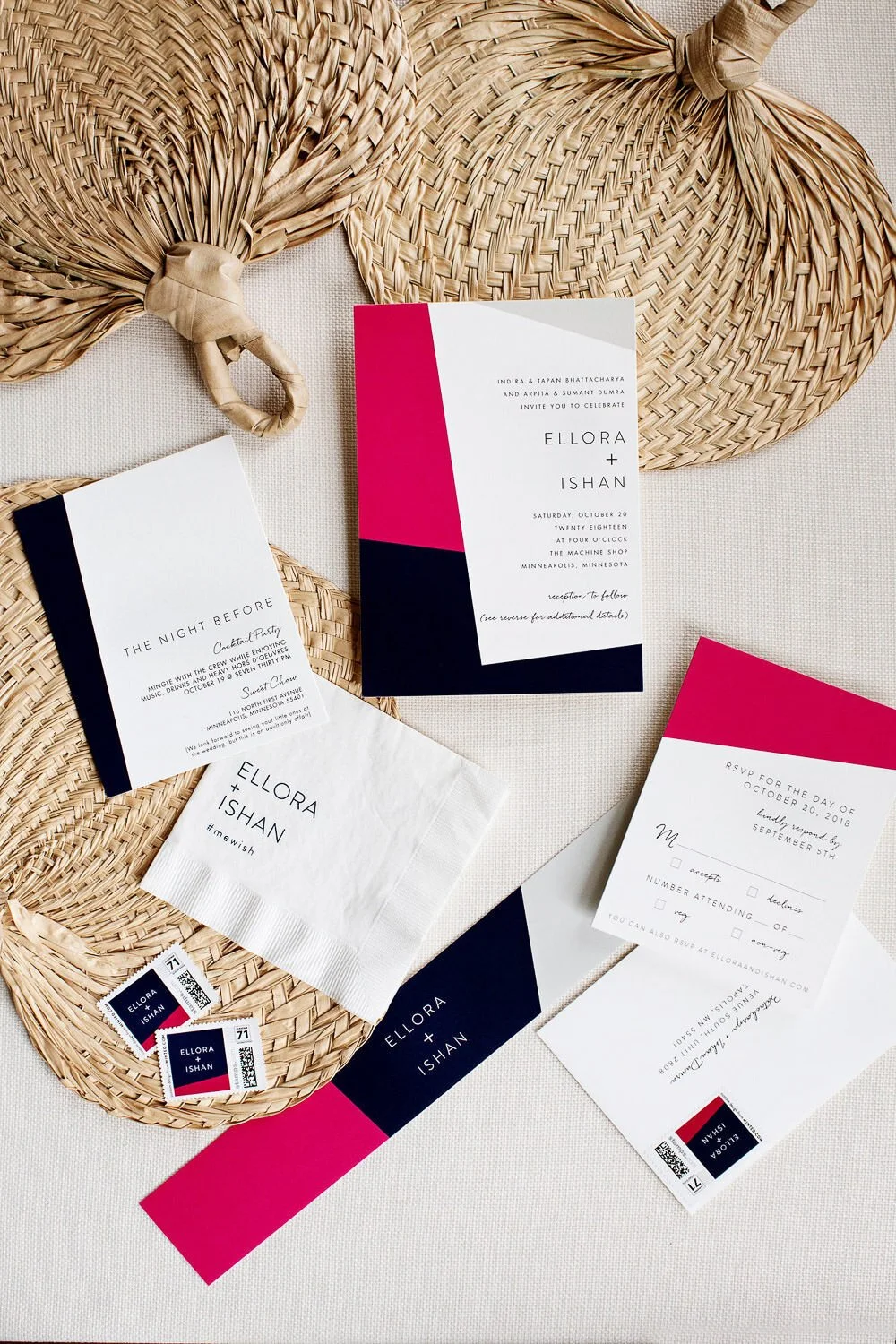 Modern pink and navy blue wedding invitation suite - event design by Rocket Science Events, photo by Photogen Inc.