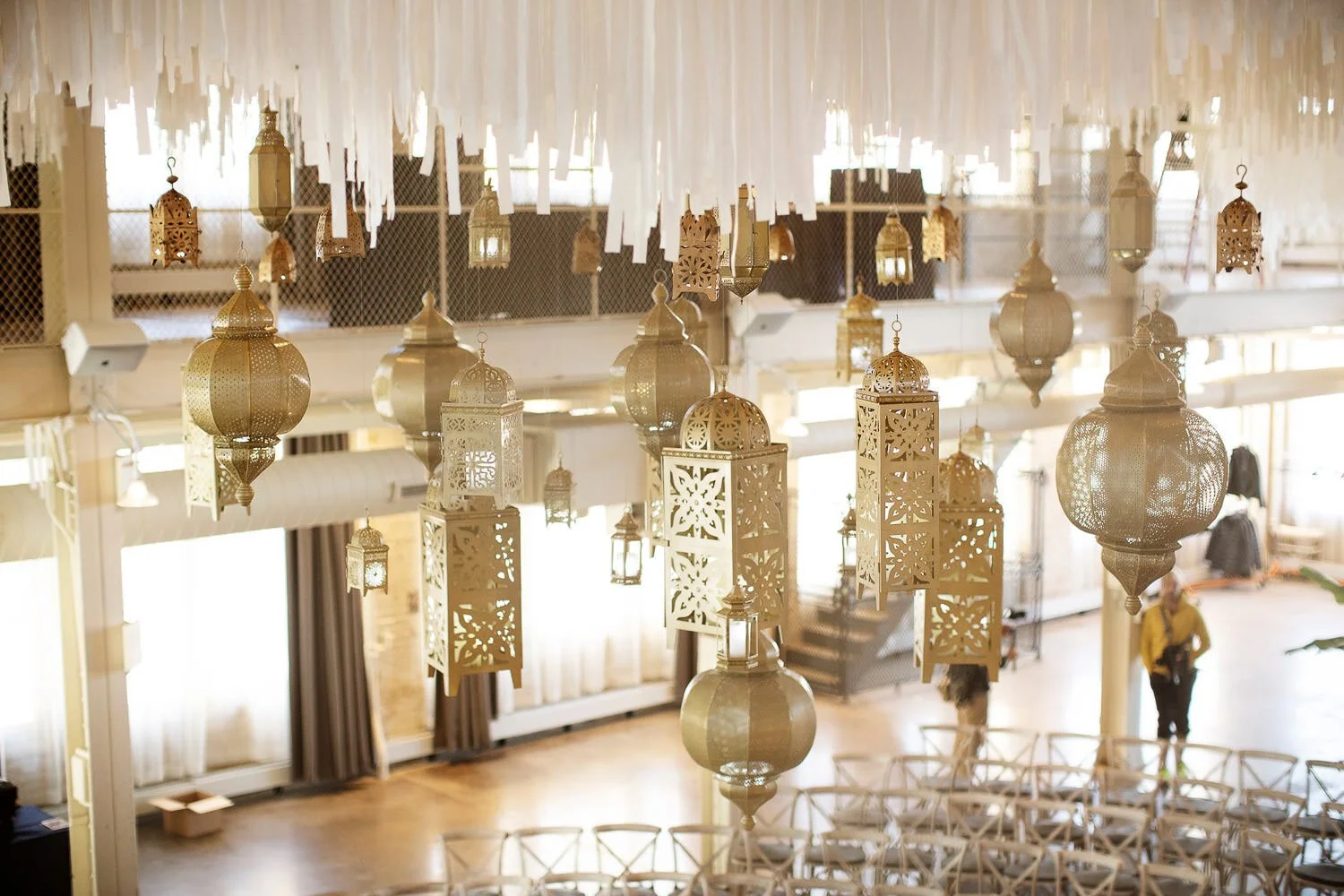 Modern Indian wedding ceremony gold chandeliers - event design by Rocket Science Events, photo by Photogen Inc.