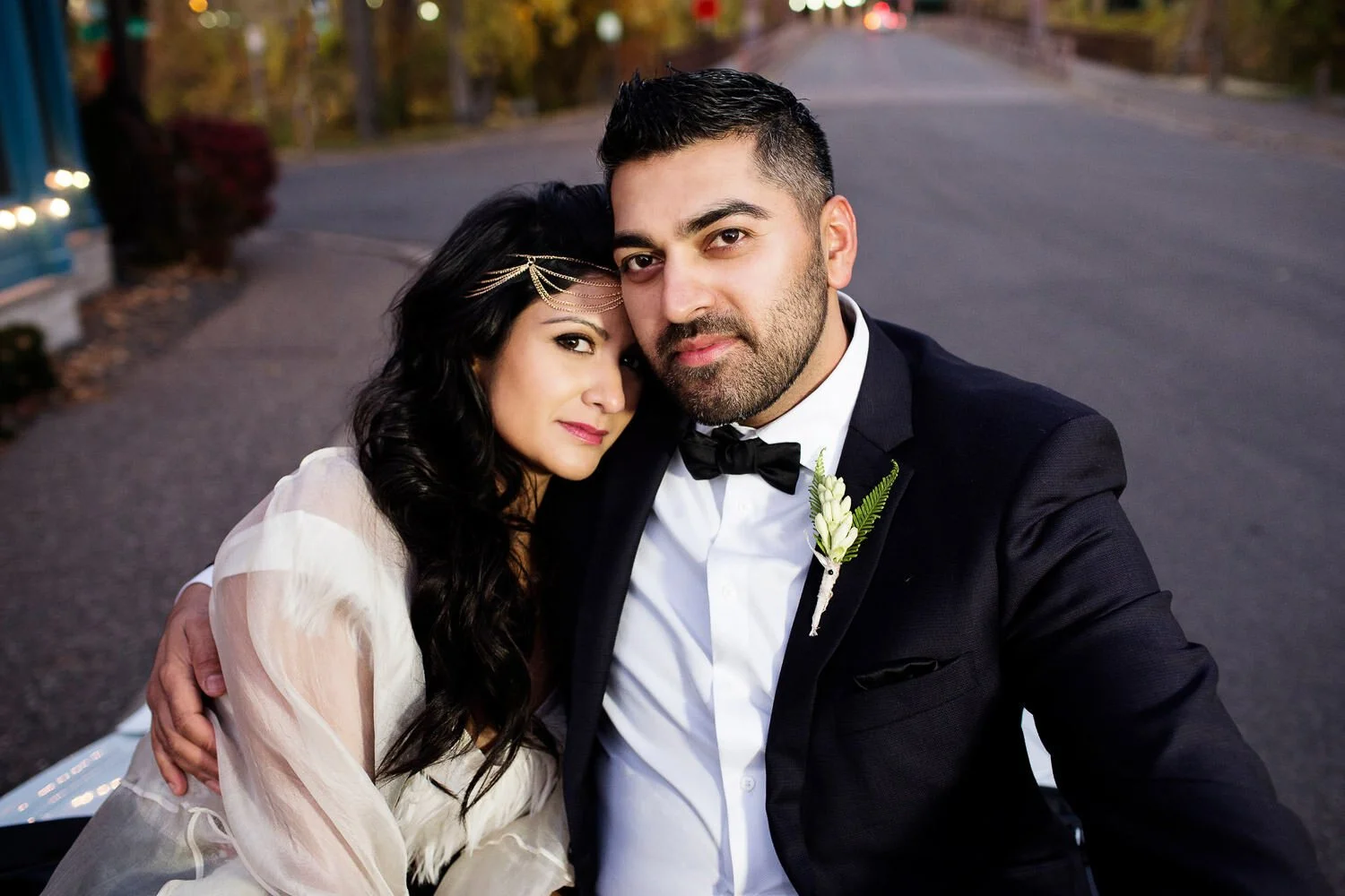 Modern Indian wedding couple outside The Machine Shop in Minneapolis, Minnesota - event design by Rocket Science Events, photo by Photogen Inc.