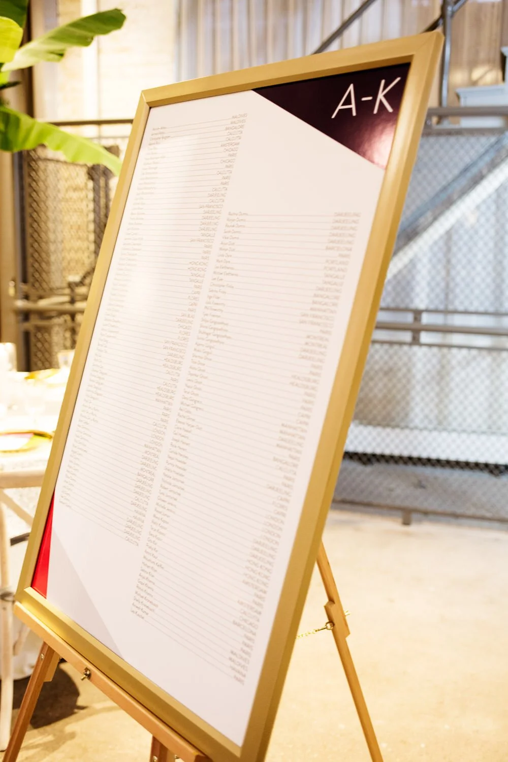 Modern gold wedding seating chart at The Machine Shop, Minneapolis, Minnesota - event design by Rocket Science Events, photo by Photogen Inc.