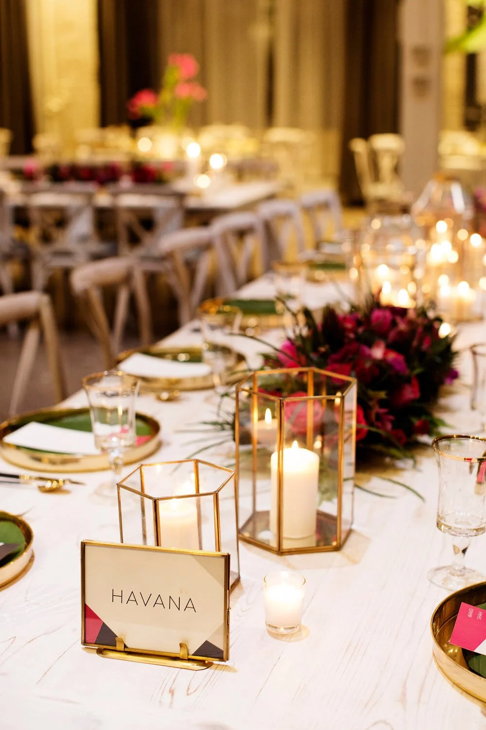 Modern tropical wedding table top decor at The Machine Shop, Minneapolis, Minnesota - event design by Rocket Science Events, photo by Photogen Inc.