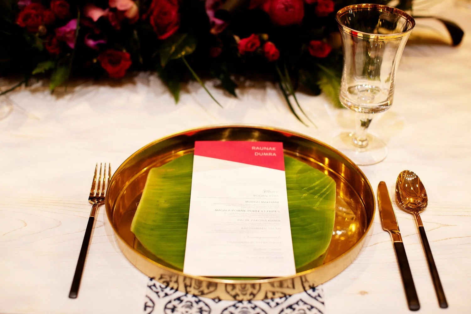 Modern tropical wedding table place setting at The Machine Shop, Minneapolis, Minnesota - event design by Rocket Science Events, photo by Photogen Inc.