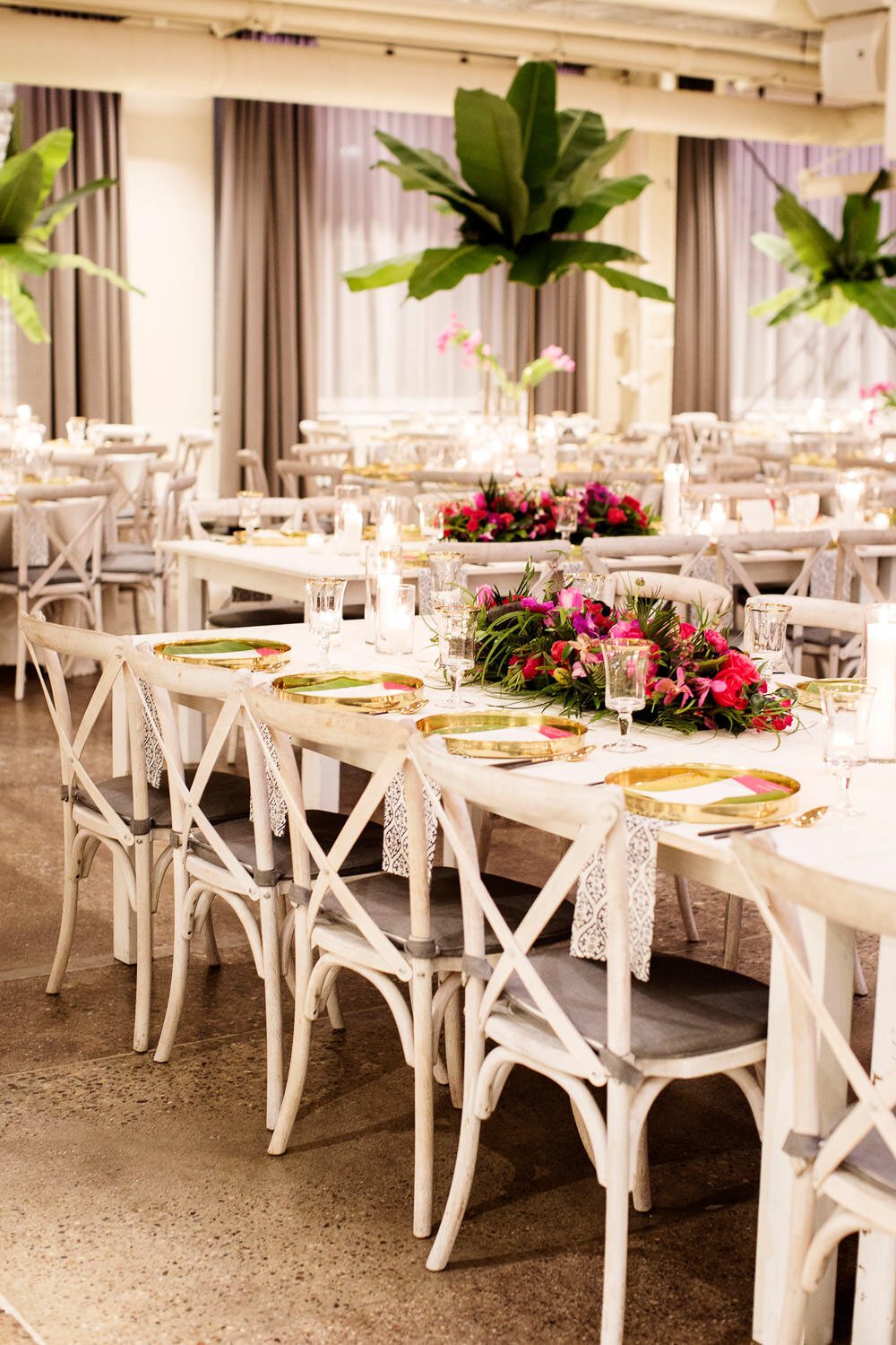 Modern tropical wedding table decor at The Machine Shop, Minneapolis, Minnesota - event design by Rocket Science Events, photo by Photogen Inc.